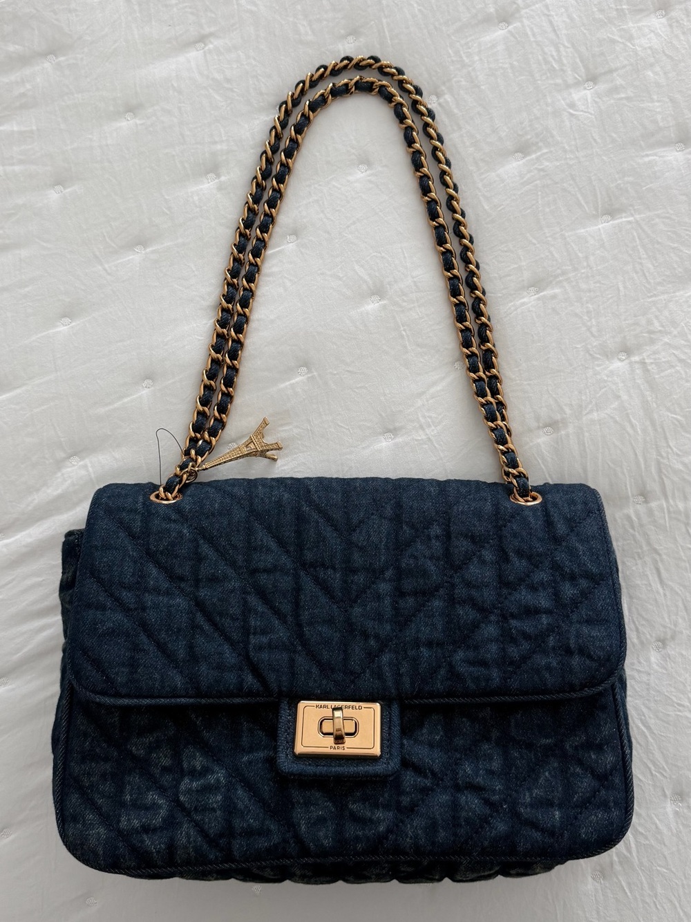 Karl Lagerfeld Quilted Dark Blue Chain-Handle Shoulder Bag with Gold Hardware